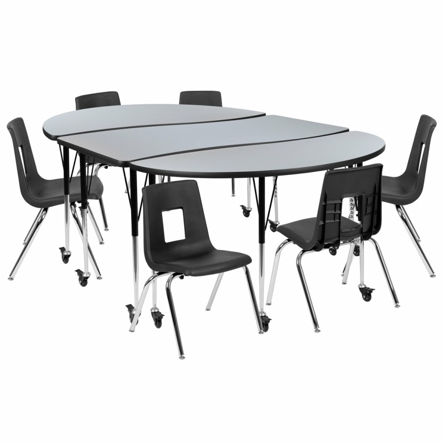 Classroom FLASH Activity Sets | Mobile 86" Oval Wave Flexible Laminate Activity Table Set With 16" Student Stack Chairs