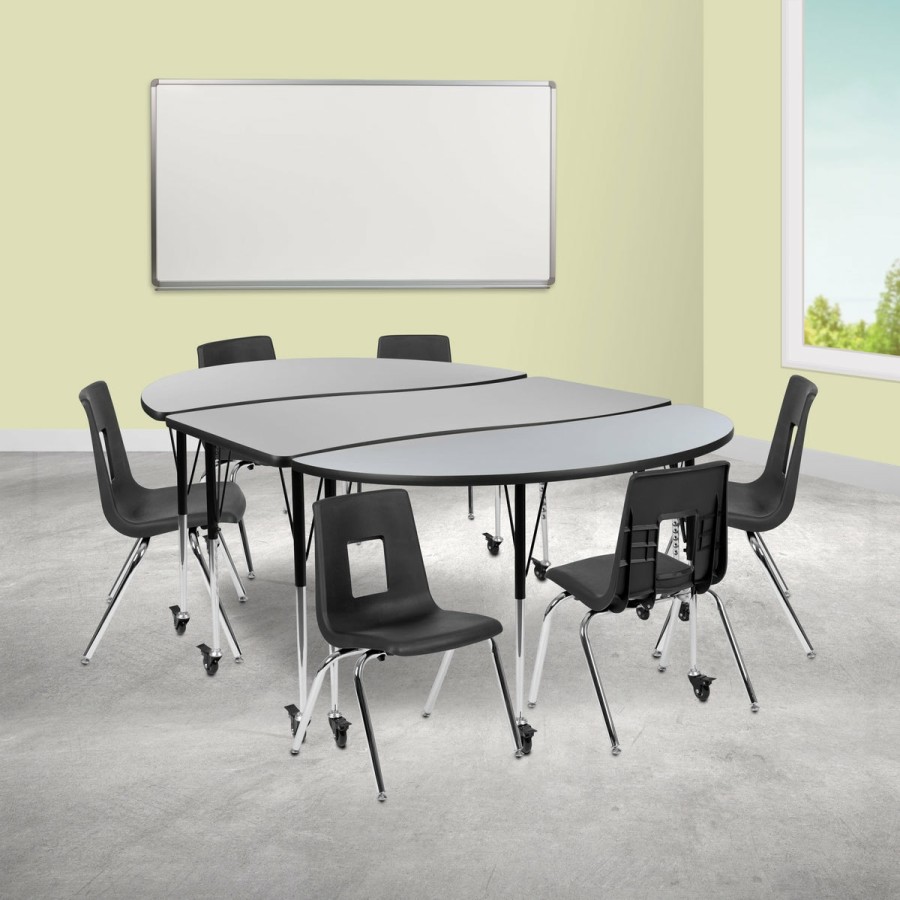 Classroom FLASH Activity Sets | Mobile 86" Oval Wave Flexible Laminate Activity Table Set With 16" Student Stack Chairs