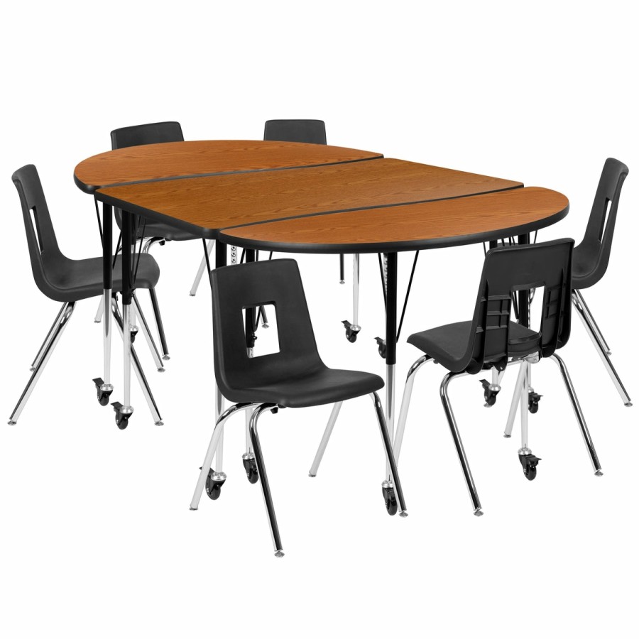 Classroom FLASH Activity Sets | Mobile 76" Oval Wave Flexible Laminate Activity Table Set With 18" Student Stack Chairs