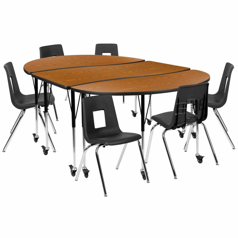 Classroom FLASH Activity Sets | Mobile 86" Oval Wave Flexible Laminate Activity Table Set With 18" Student Stack Chairs