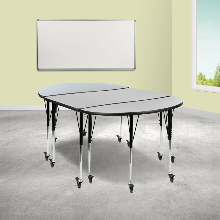 Classroom FLASH Activity Sets | 3 Mobile Piece 76" Oval Wave Flexible Grey Thermal Laminate Activity Table Set - Standard Height Adjustable Legs