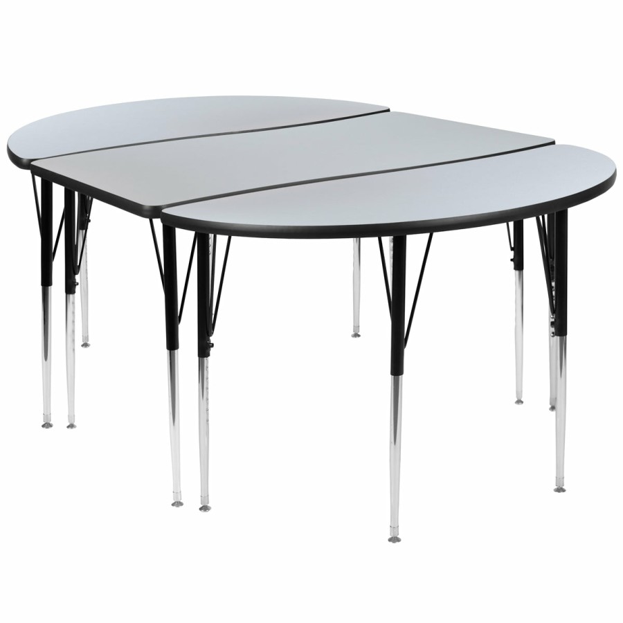 Classroom FLASH Activity Sets | 3 Piece 76" Oval Wave Flexible Grey Thermal Laminate Activity Table Set - Standard Height Adjustable Legs