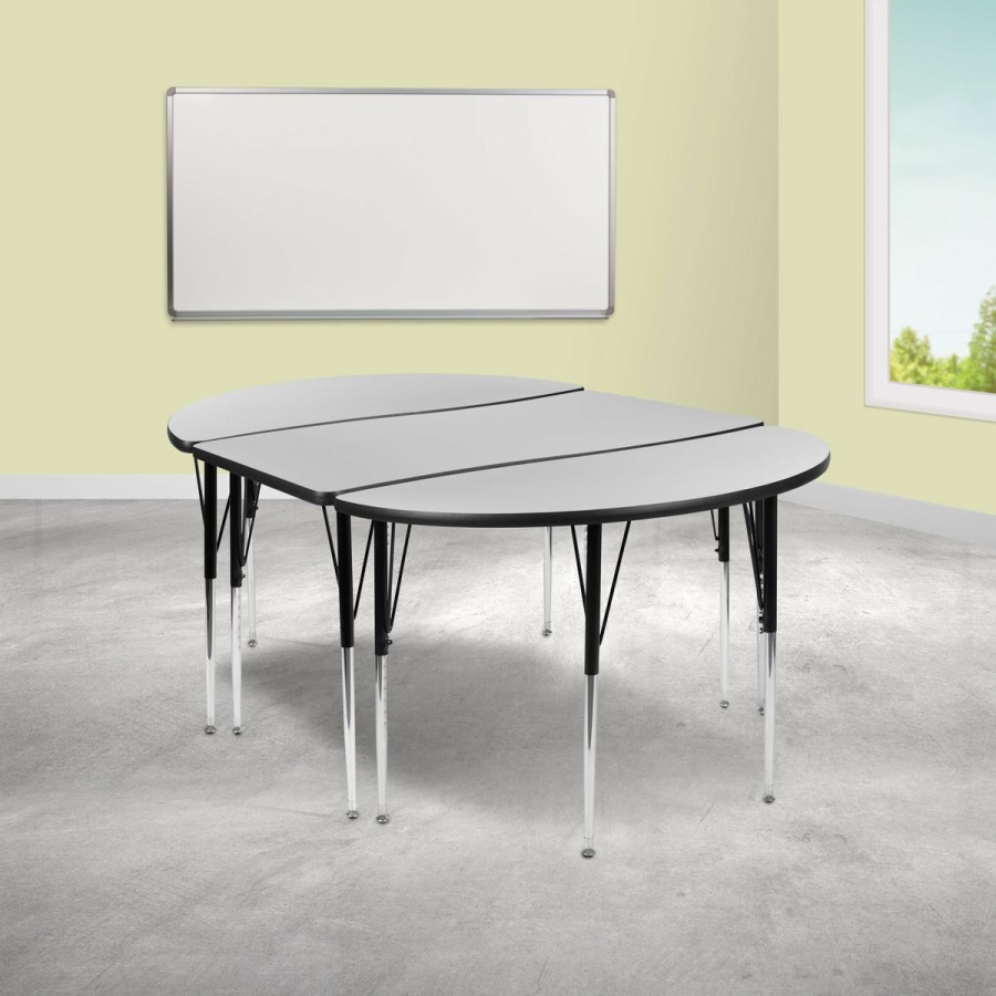 Classroom FLASH Activity Sets | 3 Piece 76" Oval Wave Flexible Grey Thermal Laminate Activity Table Set - Standard Height Adjustable Legs