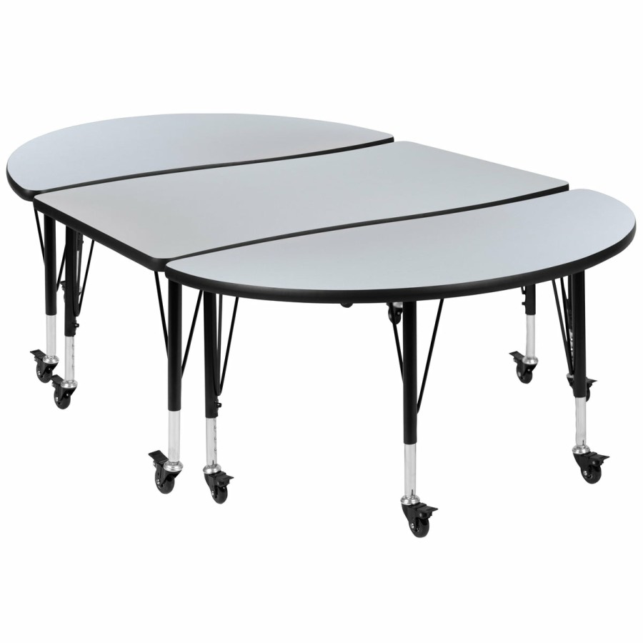 Classroom FLASH Activity Sets | 3 Piece Mobile 76" Oval Wave Flexible Grey Thermal Laminate Activity Table Set - Height Adjustable Short Legs