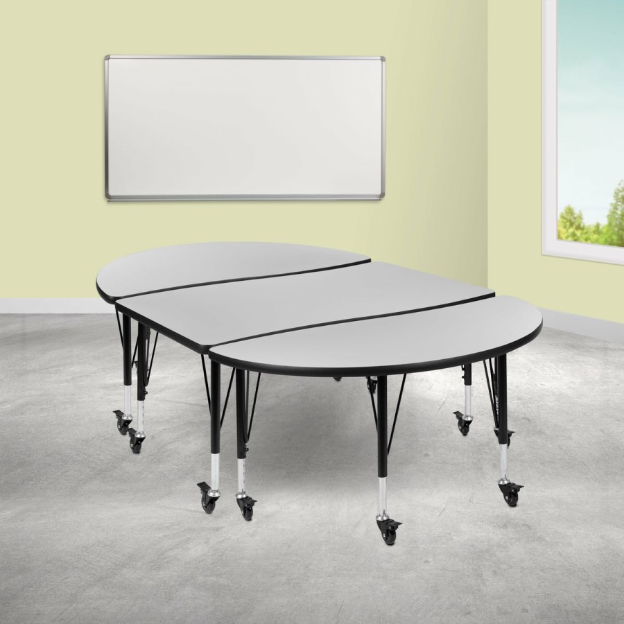 Classroom FLASH Activity Sets | 3 Piece Mobile 76" Oval Wave Flexible Grey Thermal Laminate Activity Table Set - Height Adjustable Short Legs