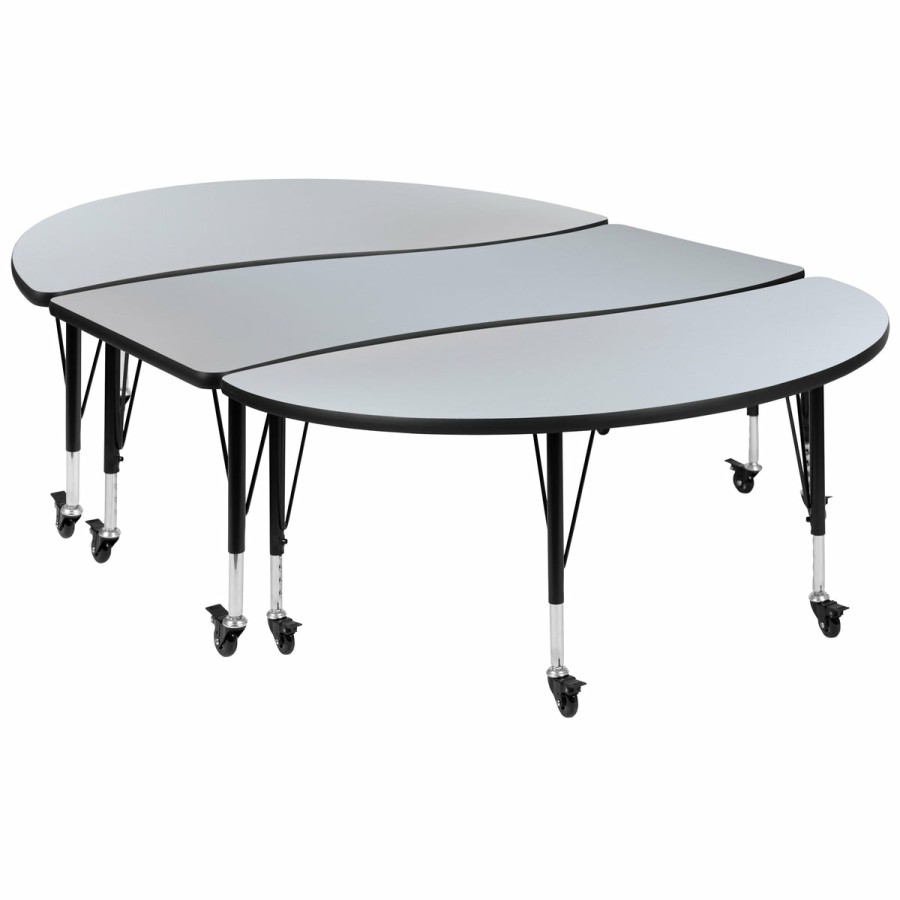 Classroom FLASH Activity Sets | 3 Piece Mobile 86" Oval Wave Flexible Grey Thermal Laminate Activity Table Set - Height Adjustable Short Legs