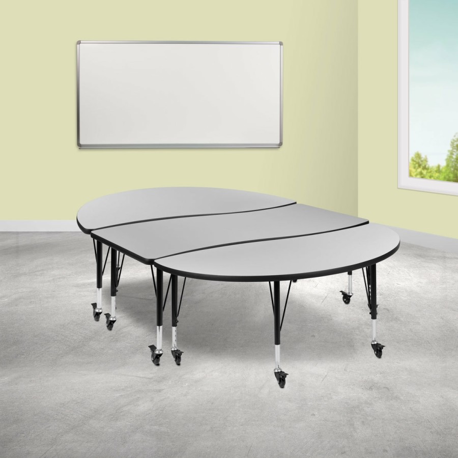 Classroom FLASH Activity Sets | 3 Piece Mobile 86" Oval Wave Flexible Grey Thermal Laminate Activity Table Set - Height Adjustable Short Legs