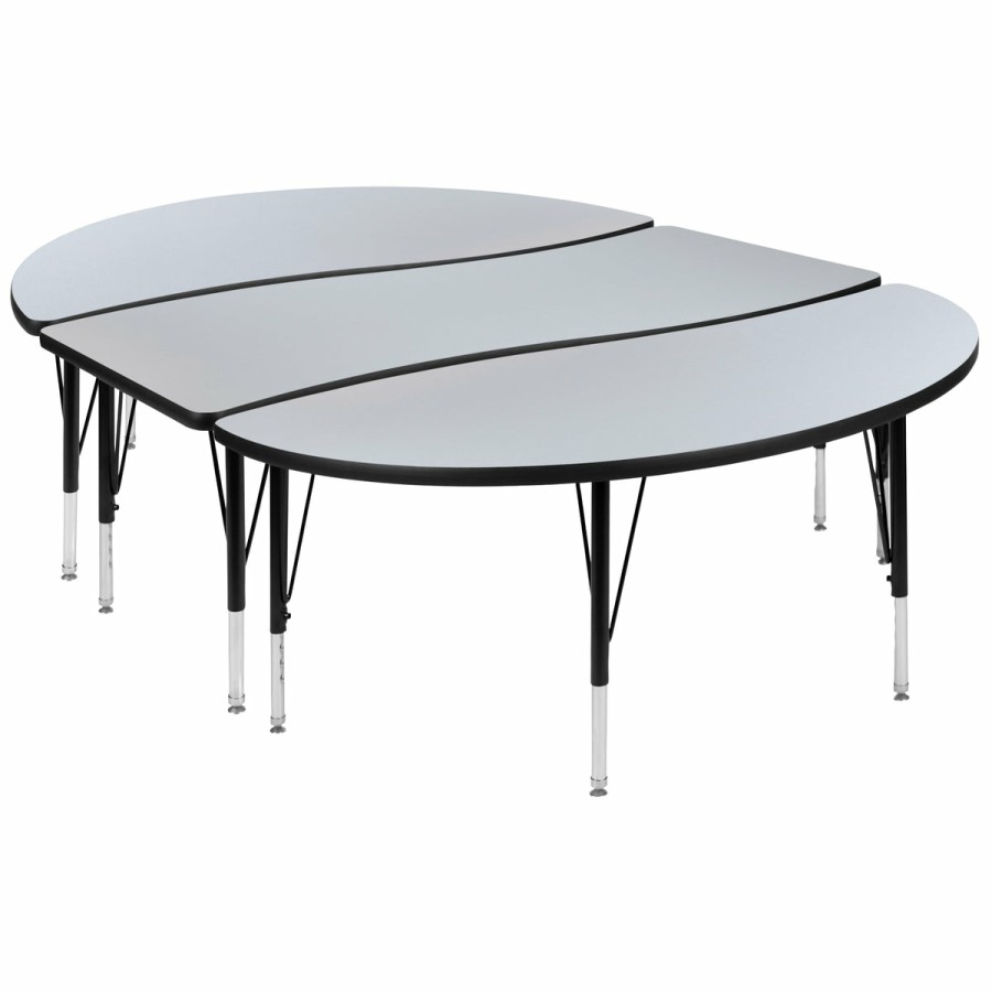 Classroom FLASH Activity Sets | 3 Piece 86" Oval Wave Flexible Grey Thermal Laminate Activity Table Set - Height Adjustable Short Legs