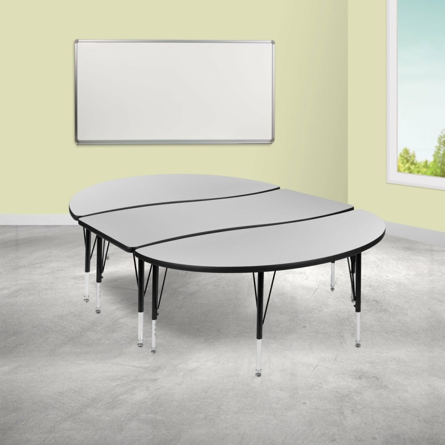 Classroom FLASH Activity Sets | 3 Piece 86" Oval Wave Flexible Grey Thermal Laminate Activity Table Set - Height Adjustable Short Legs