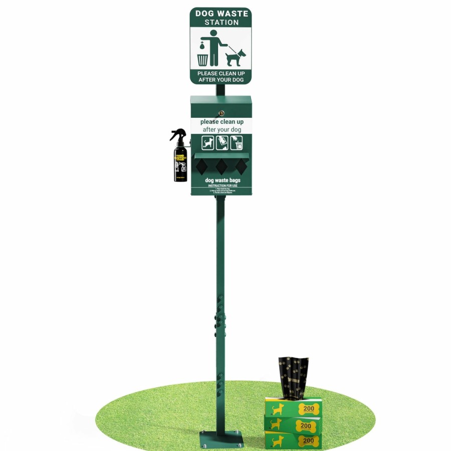 More FLASH | Kessler Mini Pet Waste Station With Glow In The Dark Signage, Triple Storage Waste Bag Dispenser, And Hand Sanitizer Bottle - 600 Waste Bags Included