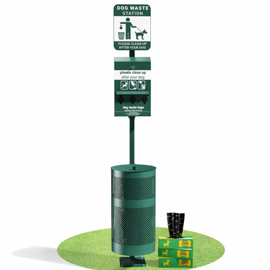 More FLASH | Kessler Pet Waste Station With Glow In The Dark Sign, Bag Dispenser, Hand Sanitizer & Trash Can With Lid - Includes 600 Roll Bags & 50 Can Liners