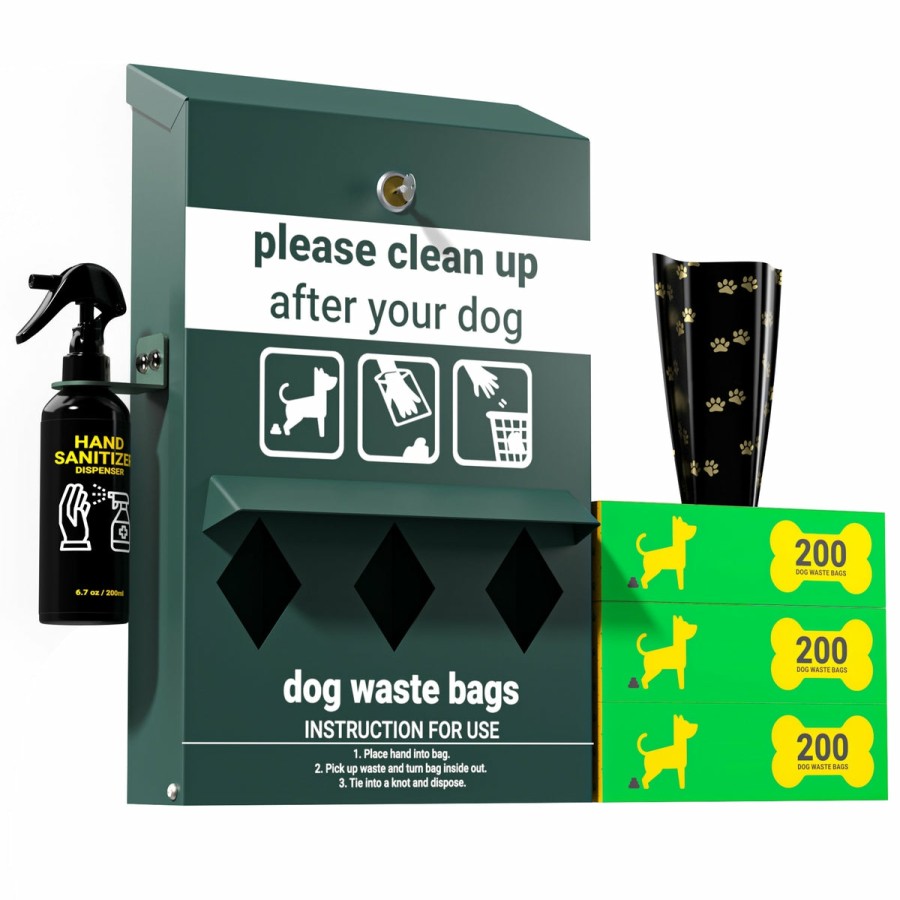 More FLASH | Kessler Locking Dog Waste Bag Dispenser With Glow In The Dark Sign, Hand Sanitizer Bottle And Rain Guard - 600 Roll Bags Included