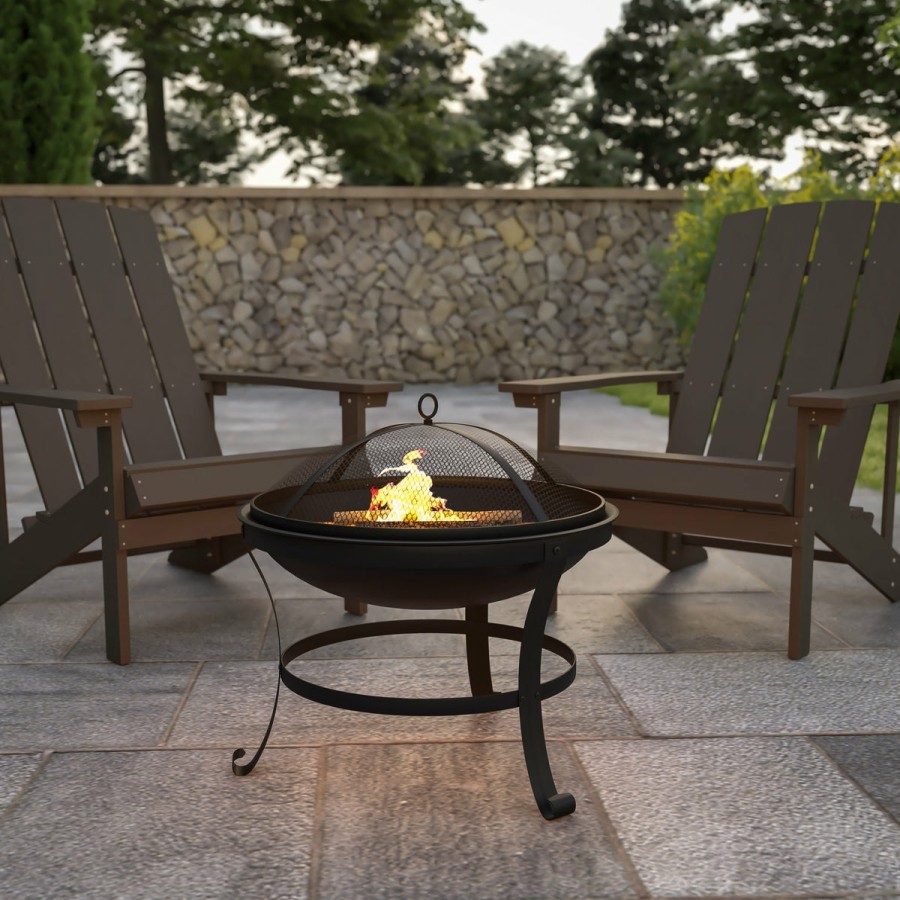 More FLASH | Round Wood Burning Firepit With Mesh Spark Screen And Poker