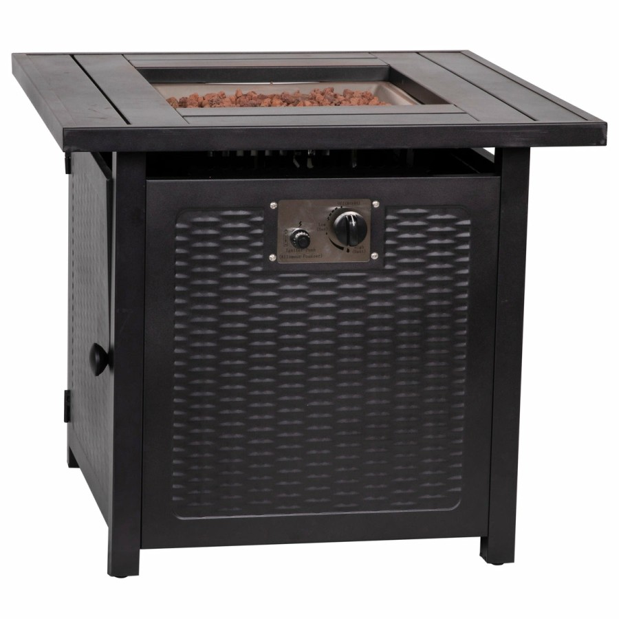 More FLASH | Olympia 50,000 Btu Outdoor Propane Gas Fire Pit Table With Stainless Steel Tabletop, Lid, Lava Rocks, And Steel Wicker Detail Base