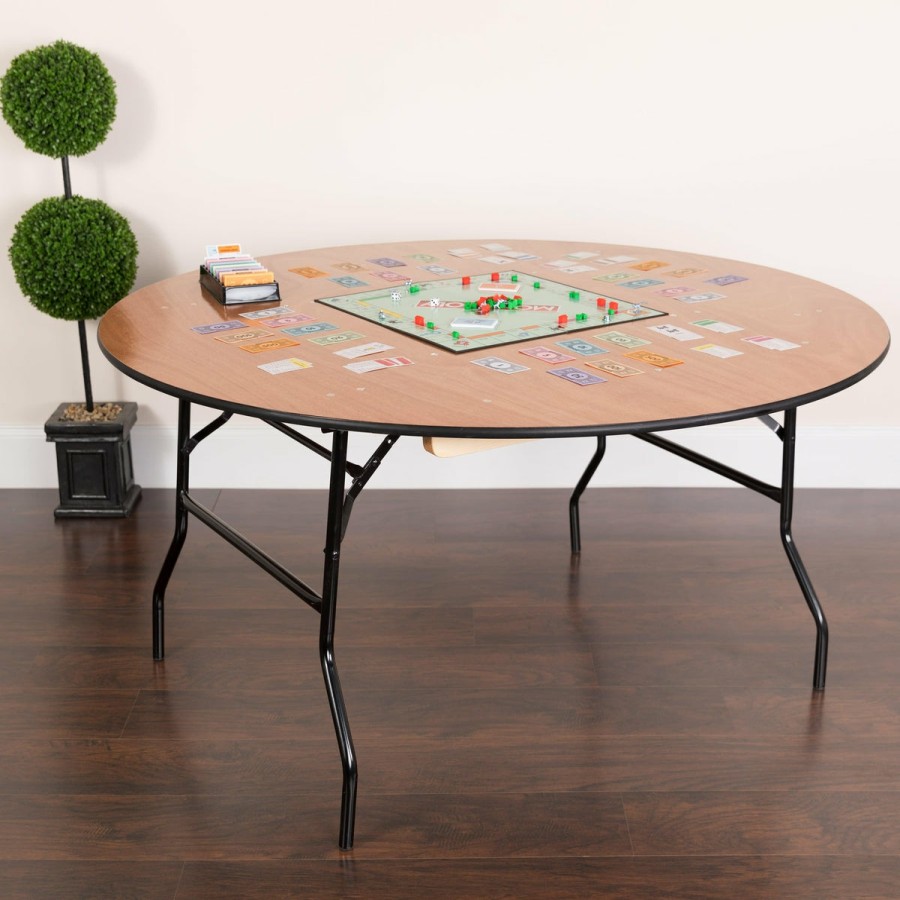 Folding & Event FLASH Wood Folding Tables | 5-Foot Round Wood Folding Banquet Table With Clear Coated Finished Top