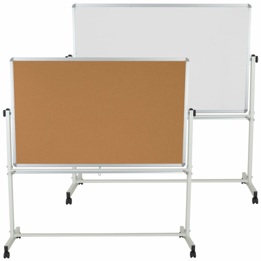 Classroom FLASH Cork & Marker Boards | Hercules Series Reversible Mobile Cork Bulletin Board And White Board Stand With Pen Tray