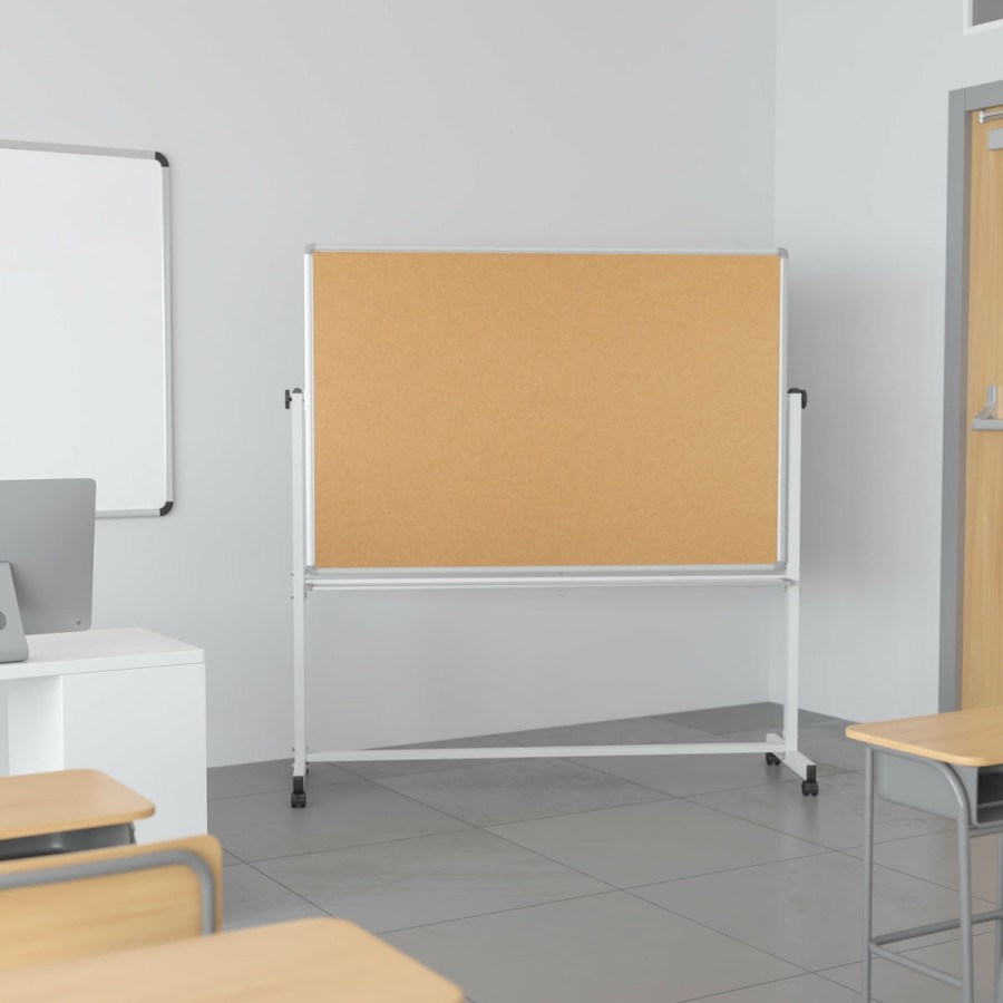 Classroom FLASH Cork & Marker Boards | Hercules Series Reversible Mobile Cork Bulletin Board And White Board Stand With Pen Tray