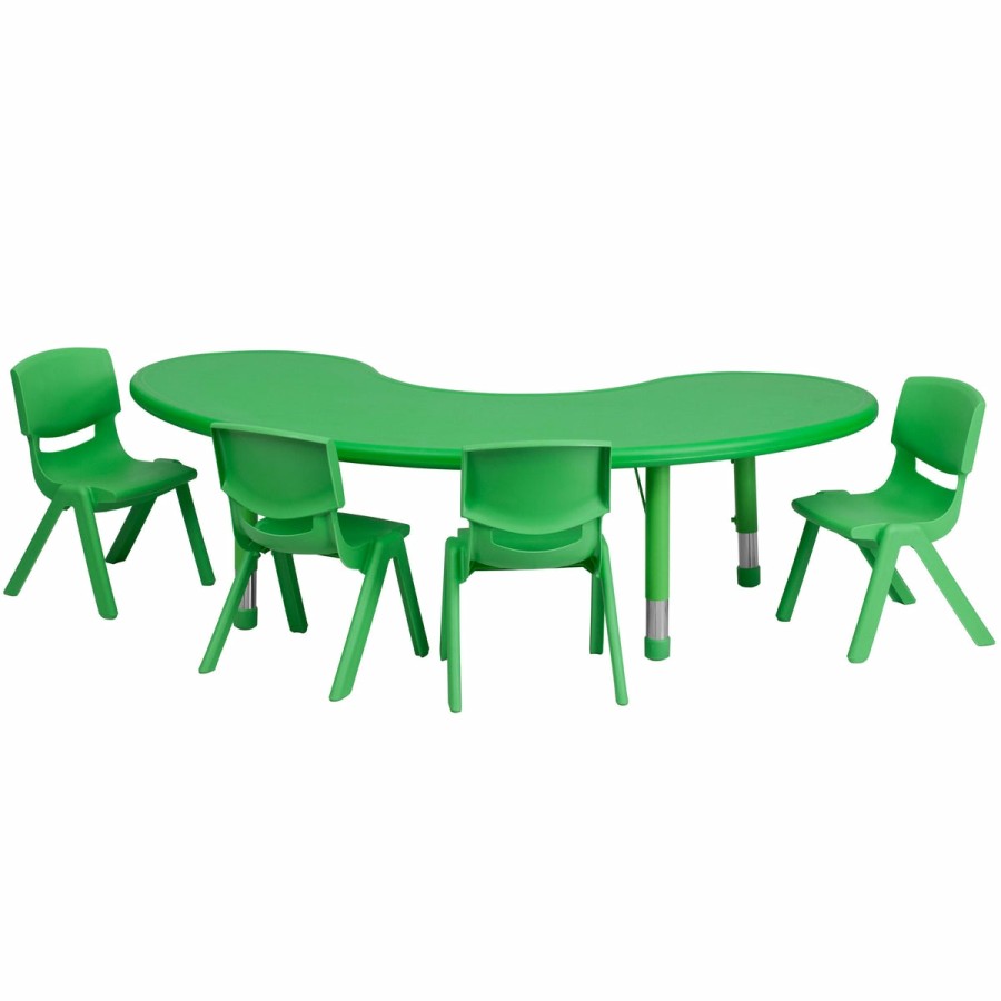 Classroom FLASH Activity Sets | 35"W X 65"L Half-Moon Plastic Height Adjustable Activity Table Set With 4 Chairs