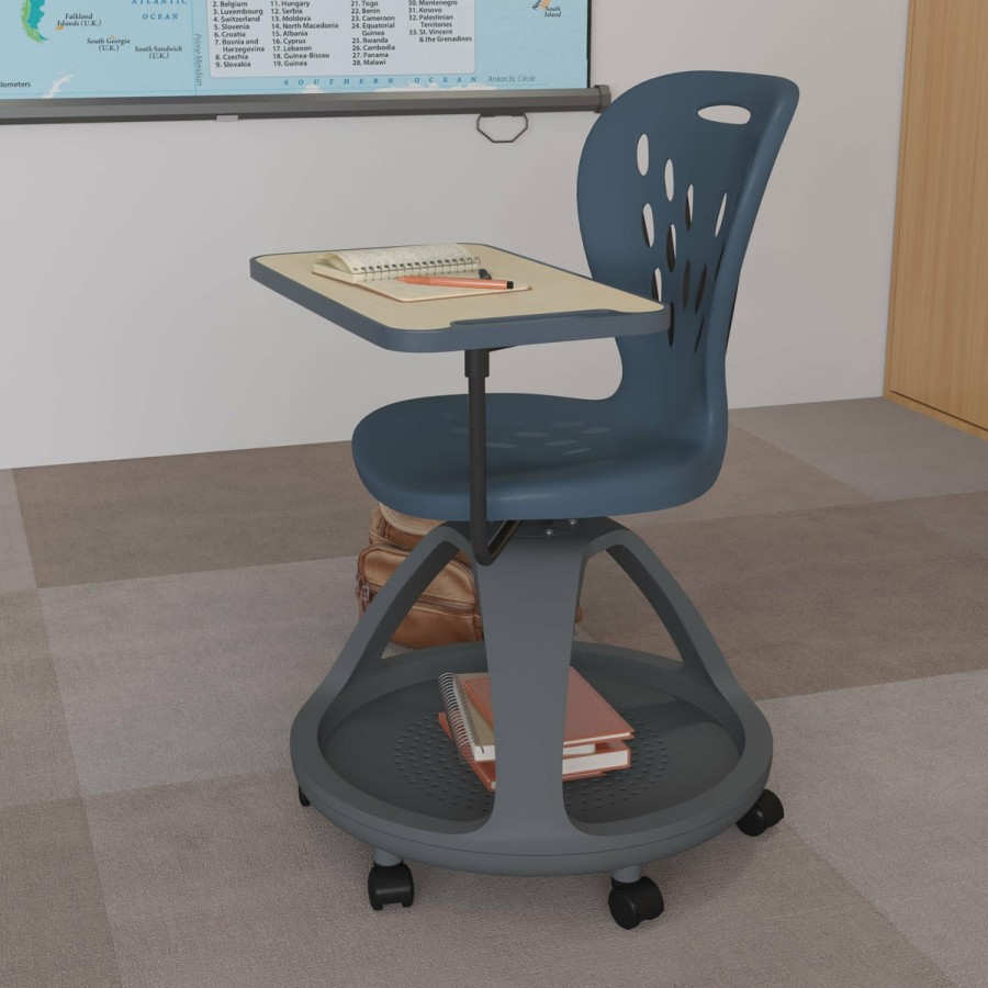 Classroom FLASH Mobile Desk Chairs | Mobile Desk Chair With 360 Degree Tablet Rotation And Under Seat Storage Cubby