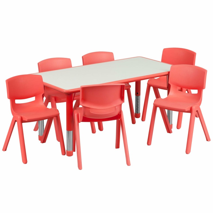 Classroom FLASH Activity Sets | 23.625"W X 47.25"L Rectangular Plastic Height Adjustable Activity Table Set With 6 Chairs