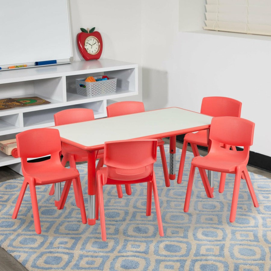 Classroom FLASH Activity Sets | 23.625"W X 47.25"L Rectangular Plastic Height Adjustable Activity Table Set With 6 Chairs