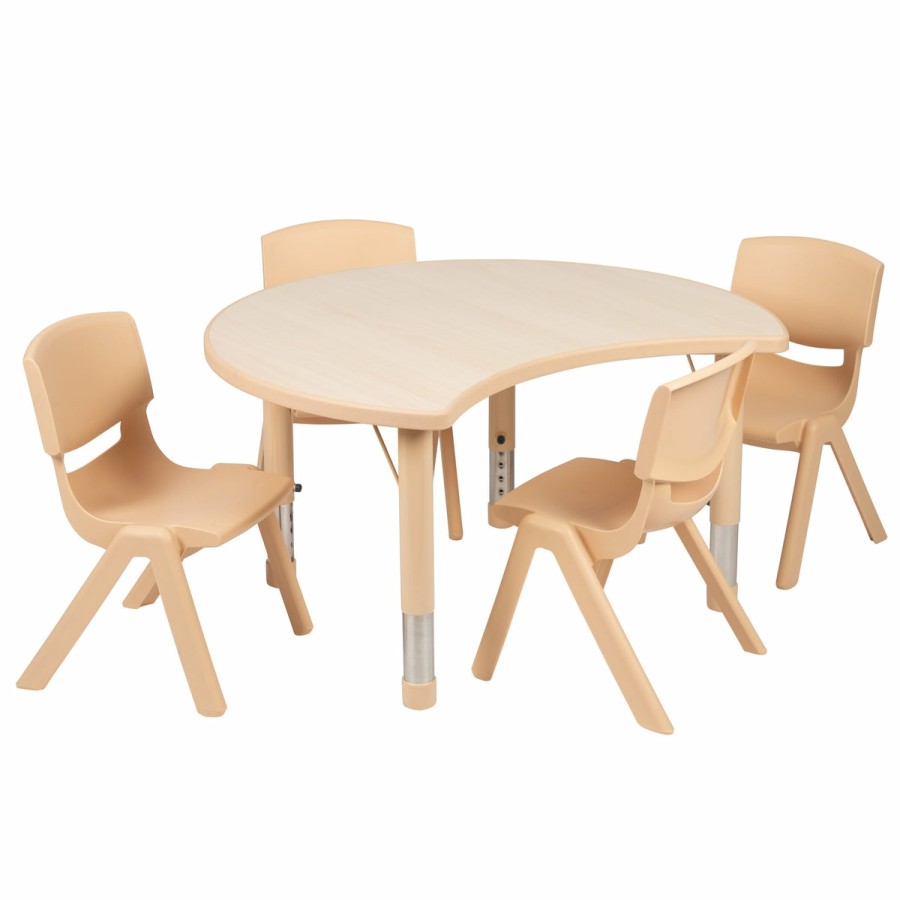 Classroom FLASH Activity Sets | 25.125"W X 35.5"L Crescent Plastic Height Adjustable Activity Table Set With 4 Chairs